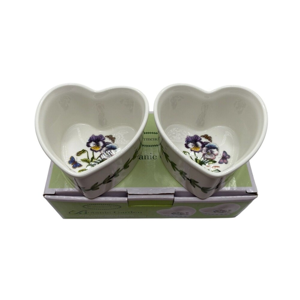 PORTMEIRION Set of 2 Botanic Garden Heart Shape Ramekins Pansies Butterflies NEW